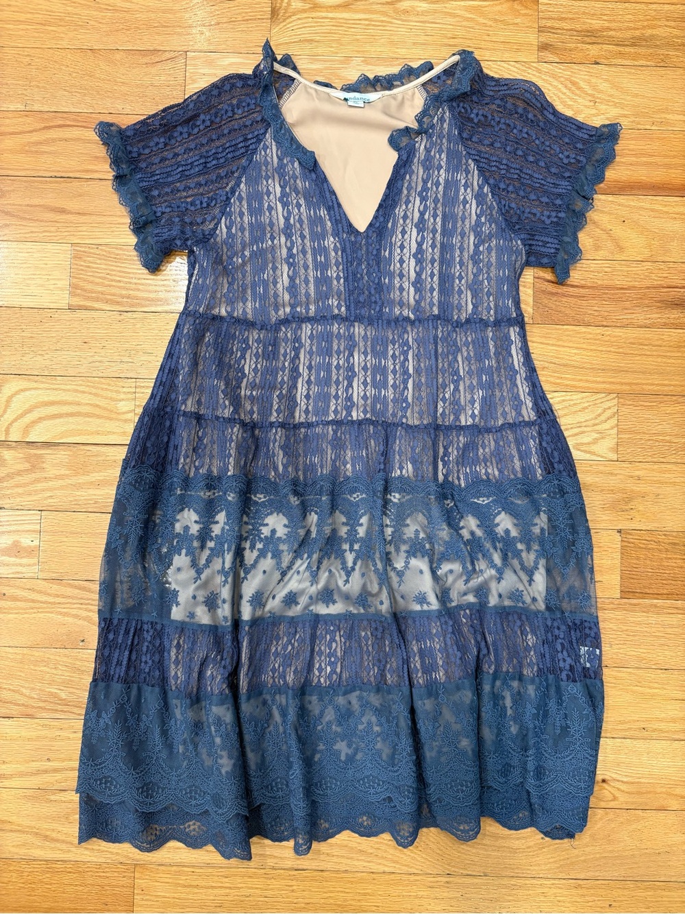 Navy Lace Tiered Short-Sleeve Women's Dress